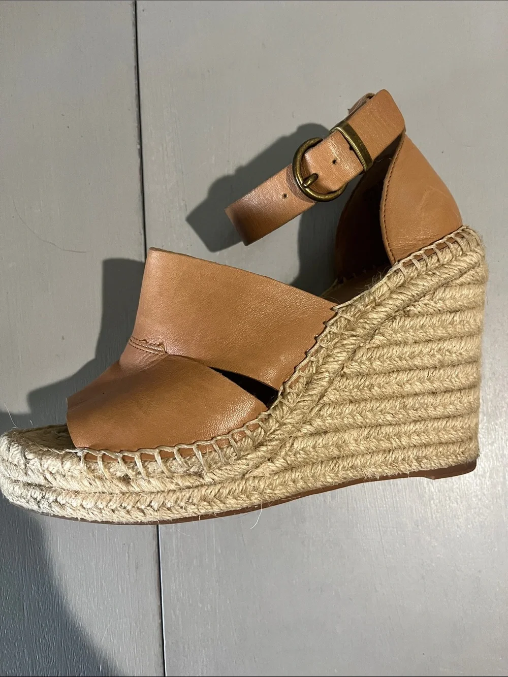 Treasure & Bond Tan Leather Espadrille Wedge Sandals with Ankle Strap